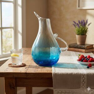 Blenko Handcraft Handblown Glass Large Blue Putcher Jug Vase 13.5" Tall